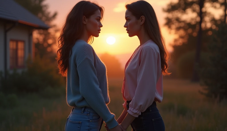 Two bisexual women stand in an emotional scene, holding hands in opposite directions