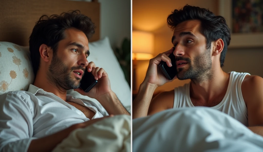 A dark-haired gay man in bed talking on the phone, shown in two different settings 