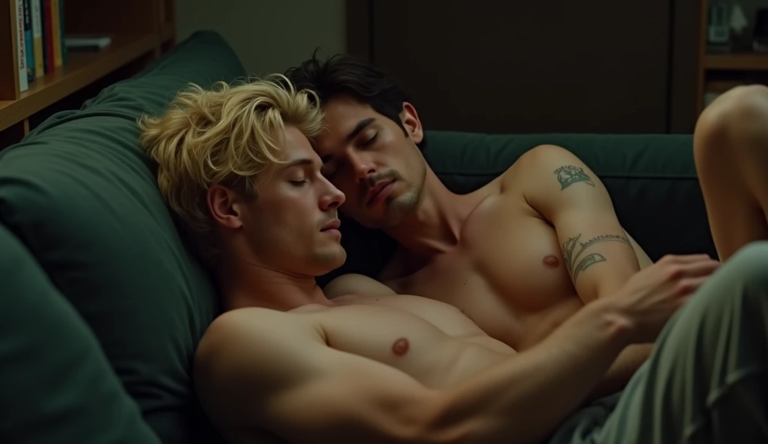 Two shirtless gay young men sleeping closely together on a green couch or sofa.