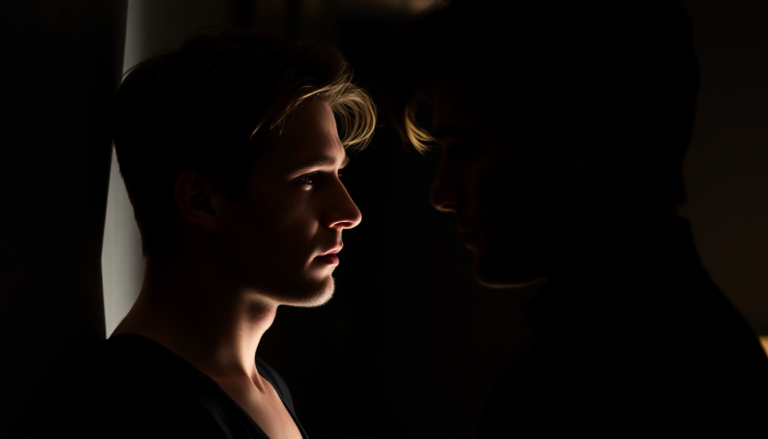 A dramatic side profile portrait of a young person with blonde hair in low-key lighting, creating strong contrast between light and shadow.